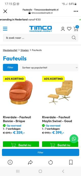 Riverdale fauteuils met 60% korting bij Timco