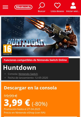 Huntdown Nintendo Switch por 3,99€.