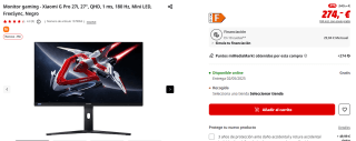 Monitor gaming Xiaomi G Pro 27i, 27", QHD, 1 ms, 180 Hz, Mini LED por 229€