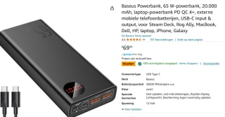 Baseus Powerbank, 65 W-powerbank, 20.000 mAh voor €34,99 bij Amazon