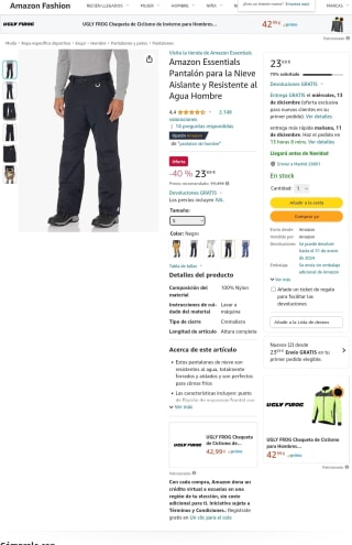 Amazon Essentials Pantalón para la Nieve Aislante y Resistente al Agua Hombre por 23,69€
