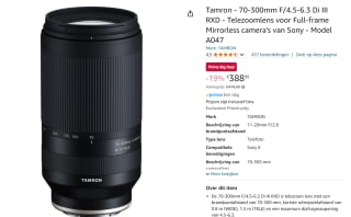 Tamron - 70-300mm F/4.5-6.3 Di III RXD - Telezoomlens voor Full-frame Mirrorless camera's van Sony voor €388,99 met Amazon Prime