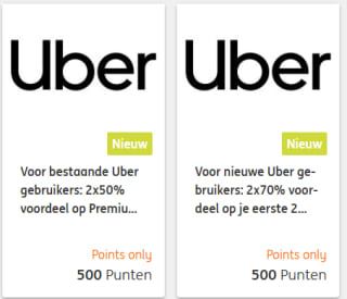 2 x 70% korting en/of 2 x 50% korting op je rit bij Uber voor 500 ING punten