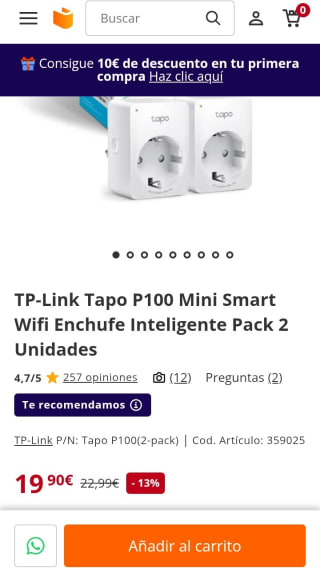 Tp-Link Tapo Mini smart WiFi Enchufe 2 unidades por 19,90€.