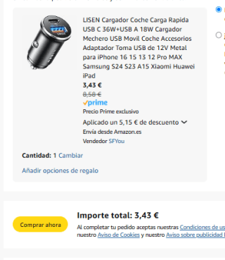 LISEN Cargador Coche USB C Carga Rapida 54W por 2,87€