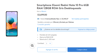Xiaomi Redmi Note 10 Pro 128GB a $3,748 en Walmart