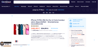 Smartphones reconditionnés iPhone 13 Mini 256 Go (couleur selon disponibilité) à 248,49€