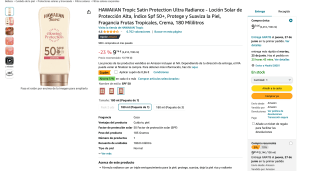 HAWAIIAN Tropic Satin Protection Ultra Radiance Protección Alta Índice Spf 50+ Protege y Suaviza la Piel 180ml por 9,38€