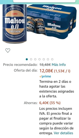 Mahou 0,0 Tostada, Cerveza Mahou Dorada Lager sin Alcohol, Pack de 24 Latas x 33 cl, 0,0% por 12,08€.