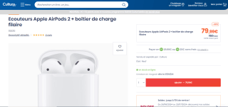 Écouteurs sans fil Apple AirPods 2 + boîtier de charge filaire à 79,99€