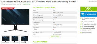 Acer Predator XB273UNXbmiiprzx 27" 2560x1440 WQHD 275Hz IPS Gaming monitor voor €359 bij Megekko