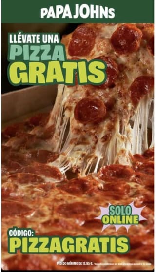 Pizza gratis con gasto de 13,95€ en Papa Johns