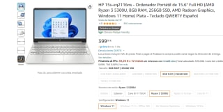 Portatil HP 15s-eq2116ns con AMD Ryzen 3 5300U de 8GB/256GB SSD por 399€
