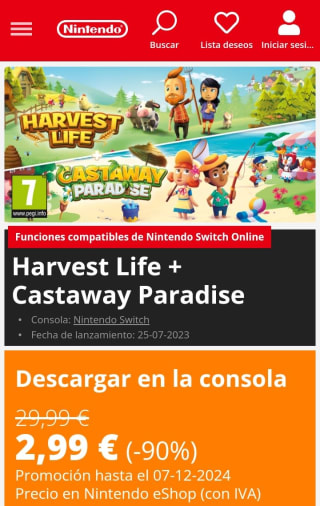 Harvest Life + Castaway Paradise Nintendo Switch por 2,99€.