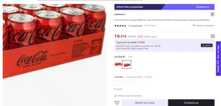 a CocaCola 24Latas Sabor Zero, 24 Unidades de 33cl/330ml por 16,41€ (9,85€)€ usuario nuevo)