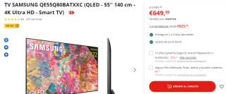 Smart TV Samsung QE55Q80BATXX QLED 55'' 4K Ultra HD por 649.99€