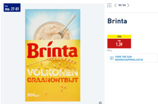 Brinta Volkoren graanontbijt 500 g voor€1,39 bij de Aldi