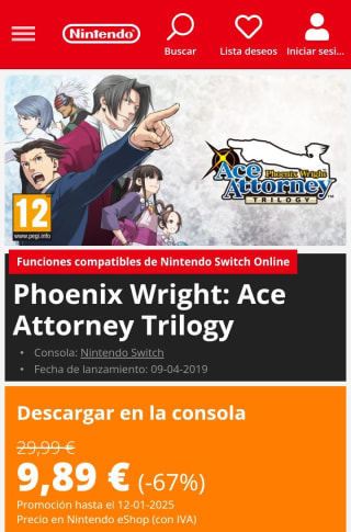 Phoenix Wright: Ace Attorney Trilogy Nintendo Switch por 9,89€.