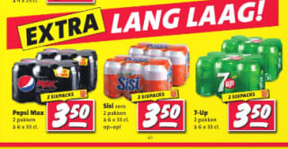 12 blikjes Pepsi max, Sisi zero en 7-upp 33 cl.voor €3,49 bij de Nettorama