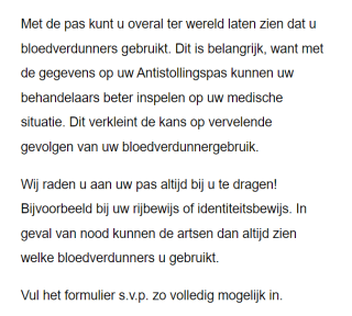 Gratis Antistollingspas Trombosestichting Nederland