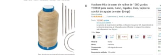 Hilo de coser de nailon de 1500 yardas+ 7 agujas por11,99€ (color beige, rojo o negro)