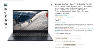 Portátil Lenovo IdeaPad 1 Gen 7 Ryzen 5 8GB RAM 512GB SSD por 349€