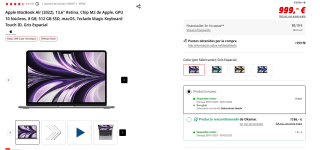 Apple MacBook Air (2022), 13,6" Retina, Chip M2 de Apple, GPU 10 Núcleos, 8 GB, 512 GB SSD por 999€