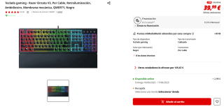Teclado gaming Razer Ornata V3, Por Cable, Retroiluminación por 39,99€