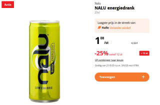25% extra korting op Nalu energydrank 25 cl vanaf 12 blikken bij Colruyt