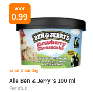 Ben & Jerry 's 100 ml en/of alle Hertog 200 ml voor €0,99 bij de AH