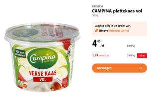 Campina volle platte kaas 500g voor €1,74 bij Colruyt vanaf 2 stuks