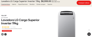 Lavadora LG Carga Superior Inverter 19kg por $8,999