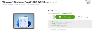 Microsoft Surface Pro 8 i7-1185G7, Wi-Fi, 32GB ram, 1TB opslag, Windows 11 Pro Platinum voor €1.747,24 bij Aces Direct