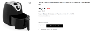Freidora Sin Aceite Tristar FR-6994 Crispy Fryer XXL 4.5L 1500W por 49.99€