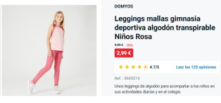 Leggings de gimnasia para Niña Domyos de algodón transpirable por 2.99€