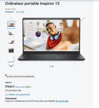 PC Portable 15,6" Dell Inspiron 15 à 376,02€