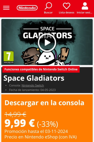 Space Gladiators Nintendo Switch por 9,99€.