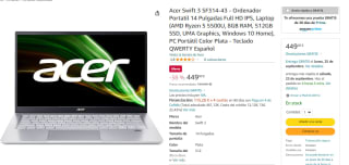 Portátil Acer Swift 3 SF314-43 por 449€