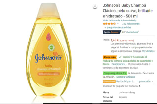 Johnson's Baby Champú Clásico de 500 ml por 1,40€