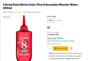 Korting bij Bol.com op L'Oréal Paris Elvive Color Vive 8 Seconden Wonder Water - 200ml