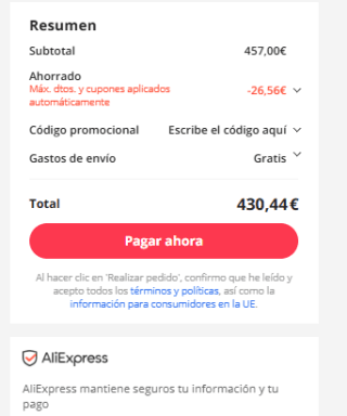 27€ de descuento en pedidos superiores a 248€