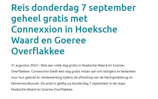 Reis donderdag 7 september gratis met Connexxion in Hoeksche Waard en Goeree Overflakkee
