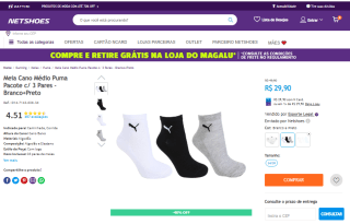 Meia da Puma, modelo Cano Médio Pacote com 3 Pares - R$ 29,90