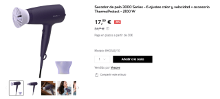 PHILIPS Secador de pelo 3000 Series - 6 ajustes calor y velocidad + accesorio ThermoProtect - 2100 W por 17,99€