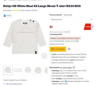 Korting bij Bol.com op Dirkje Off-White Maat 62 Lange Mouw T-shirt N234 NOS