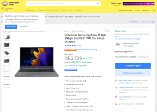 Notebook da Samsung, modelo i5-1135G7 - R$ 2.729