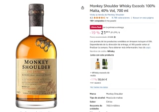 Monkey Shoulder Whisky Escocés 100% Malta, 40% Vol, 700 ml por 21,87€