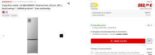 Frigorífico combi - LG GBV3200DPY, Total no Frost, 203 cm, 387 L, DoorCooling+™, FRESHConverter™, Inox antihuellas por 593.39€