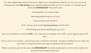 50% korting + gratis extra's bij een weekendverblijf van 4 t/m 7 oktober bij Vakantiepark Samoza