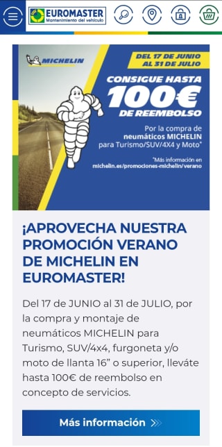 100€ de reembolso (en transferencia a tu cuenta, tal cual) por la compra y montaje de neumáticos Michelín